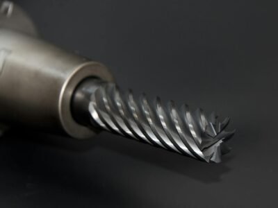 Mesin Bor Impact Cordless - High-quality close-up of a spiral drill bit showcasing metal textures on a black background.