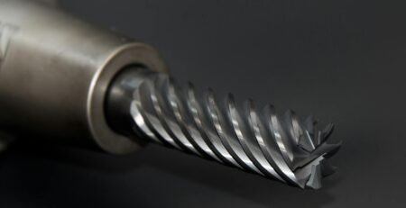 Mesin Bor Impact Cordless - High-quality close-up of a spiral drill bit showcasing metal textures on a black background.