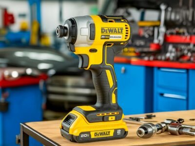Mesin Bor Impact Cordless - A DeWalt power drill in a well-equipped automotive workshop setting, ready for use.